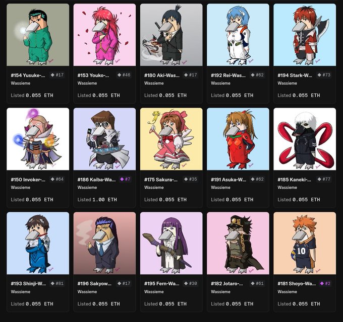 A grid of NFT-style cartoon characters with duck-like faces dressed as various anime characters, including Yusuke, Youko, Aki, Rei, Stark, Invoker, Kaiba, Sakura, Asuka, Kaneki, Shinji, Sakyow, Fern, Jotaro, and Shoyo, priced in ETH.