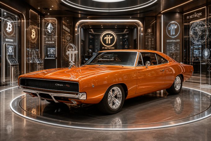 An orange classic muscle car displayed in a futuristic showroom featuring Bitcoin and cryptocurrency-themed displays, including Pi Network signage.