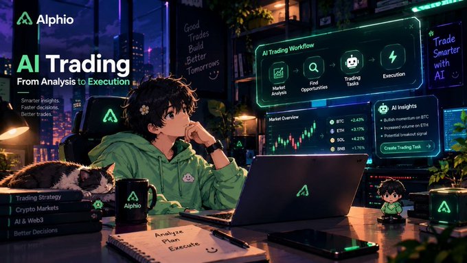 An anime-style promotional graphic for 'Alphio' AI Trading, showing a young man with a cat at a laptop displaying an 'AI Trading Workflow' and 'Market Overview' with cryptocurrencies like BTC, ETH, SOL, and BNB, alongside text 'Smarter Insights. Faster Decisions. Better Trades.'