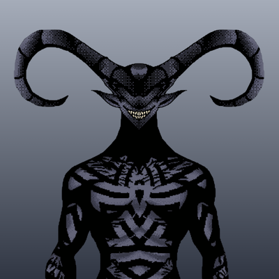 A digital illustration depicts a dark, menacing humanoid creature with large curled ram horns, pointed ears, and a skeletal chest pattern against a blue-gray background.
