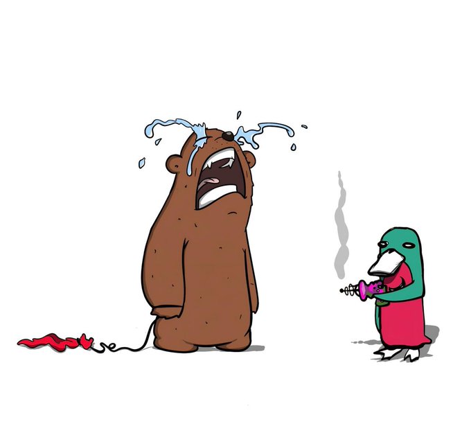 A cartoon illustration shows a crying brown bear being sprayed in the face by a small penguin-like figure wielding a pink spray gun.