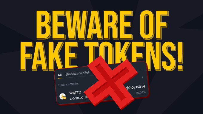 A warning graphic displays large yellow text reading 'BEWARE OF FAKE TOKENS!' alongside an image of a Binance Wallet interface marked with a large red X.