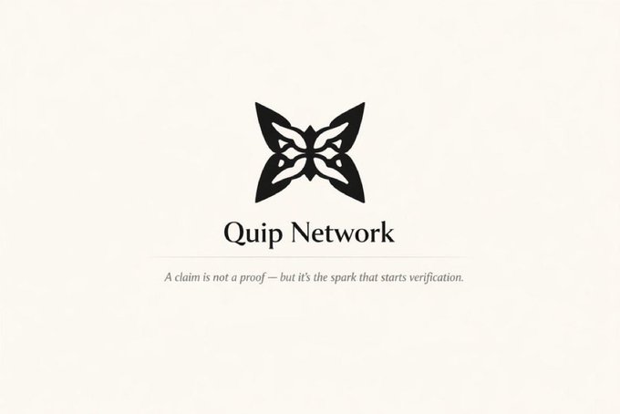 A minimalist logo for 'Quip Network' featuring a black butterfly design and the tagline 'A claim is not a proof — but it's the spark that starts verification.'