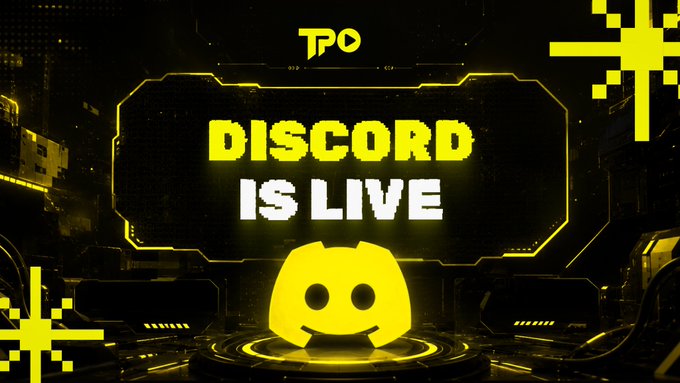 A vibrant yellow and black graphic announcing "TPO DISCORD IS LIVE" featuring the Discord logo on a platform, with pixel art-style decorative elements in the background.
