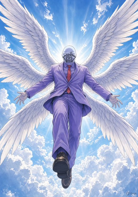 Anime-style illustration of a figure in a purple suit with a metallic robot-like face and multiple large white angel wings, floating in a bright blue sky with clouds.