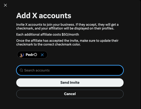 This image shows a prompt to "Add X accounts" with "Pedro" already selected, implying a next step in inviting him to join. The accompanying post "@Pedromiranda" makes this a direct invitation to the user named Pedro.