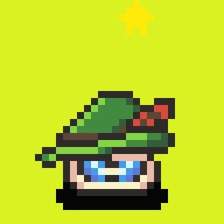 A pixel art illustration of a green military-style cap with a red emblem, sitting above a smiling mouth, on a bright yellow-green background with a small star.