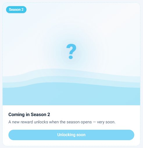 A blue promotional card labeled "Season 2" features a large question mark placeholder above wave-like graphics, with text reading "Coming in Season 2 — A new reward unlocks when the season opens — very soon" and an "Unlocking soon" button. The teaser image aligns with the post's announcement that RivrDEX Season 2 is imminent, visually hinting at the mystery reward awaiting users.
