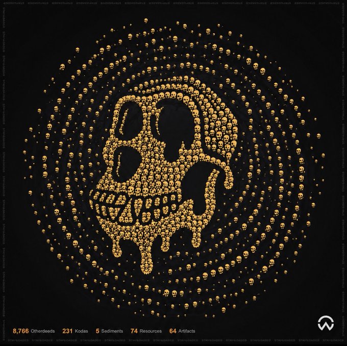 The image features a large skull made of gold beads, surrounded by smaller gold beads that form a circle around it. The background of the image is black with white text scattered throughout. The main focus of the image is the gold-colored skull, which appears to be the central element in this artistic composition.