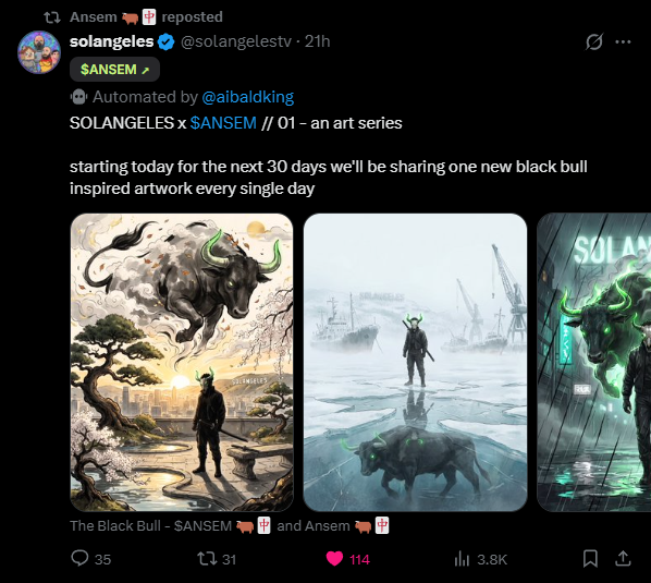 A retweet by Ansem showing solangeles announcing a 30-day SANSEM art series featuring black bull-inspired artwork, with 3 sample images displayed. The post suggests potential market bottom sentiment tied to the SOLANGELES x SANSEM collaboration.