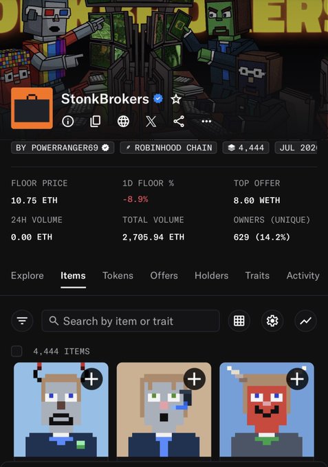 Screenshot of the StonkBrokers NFT collection page on OpenSea, showing a floor price of 10.75 ETH, a top offer of 8.60 WETH, and pixel-art character items on the Robinhood Chain.