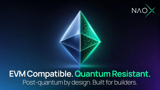 A stylized Ethereum diamond logo with green and blue accents sits against a dark gradient background, with the "NAOX" branding in the top right corner. Below the logo, the text reads "EVM Compatible. Quantum Resistant." with the subtitle "Post-quantum by design. Built for builders." — reinforcing the post's message that NaoX offers full Ethereum compatibility while adding quantum-resistant security beneath the familiar EVM layer.