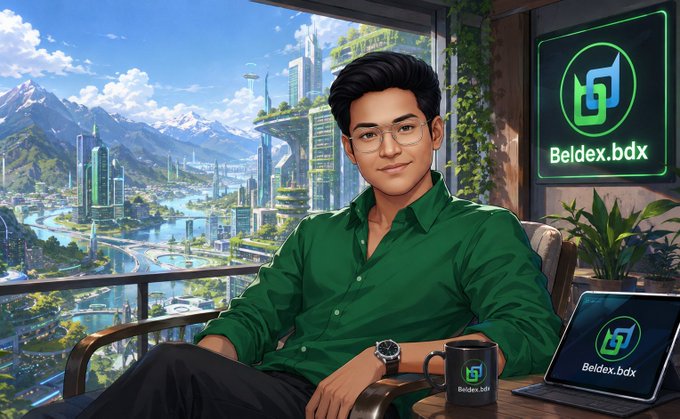 A confident figure in a green shirt relaxes in a futuristic high-rise setting, with a coffee mug and laptop displaying "Beldex.bdx" alongside a glowing logo. It visually reinforces the post's emphasis on BelNet's MNApps—private, onion-routed services hosted within Beldex's privacy-focused ecosystem.