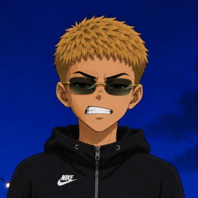 An anime-style character with spiky blonde hair and sunglasses wears a black Nike hoodie with an intense expression against a dark blue background.