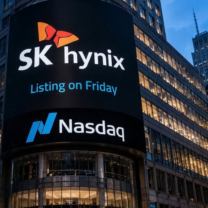 A large digital billboard displays "SK hynix" with its red and orange logo, alongside the text "Listing on Friday" and the "Nasdaq" branding, set against a modern glass building at dusk. The image visually announces SK Hynix's upcoming Nasdaq listing, tying into the post's excitement about the ticker $SKHY going live on Bitget with zero-fee spot trading and futures support.