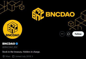 The Twitter/X profile page for 'BNCDAO' (@BNCDAO_BSC) with a black and gold theme, bio reading 'Stock in the treasury. Holders in charge.', joined July 2018.