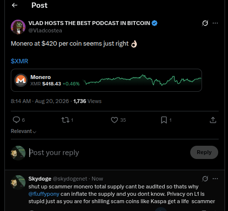 A tweet from @Vladcostea reading 'Monero at $420 per coin seems just right' with a Monero (XMR) price chart showing $418.43, followed by a reply from @skydogenet criticizing Monero's privacy and supply auditing.