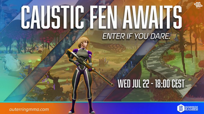 A promotional graphic for an MMORPG event titled 'CAUSTIC FEN AWAITS - ENTER IF YOU DARE,' scheduled for Wednesday, July 22 at 18:00 CEST, featuring a female character with a sniper rifle.