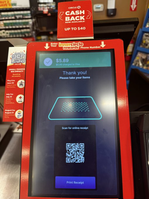 A Circle K self-checkout kiosk displaying a 'Thank you!' message for a $5.89 Visa charge, with a 'CASH BACK UP TO $40' sign on top.