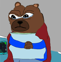 The image features a brown bear sitting down, holding a blue book with its arms wrapped around it. A cell phone can be seen next to the bear's feet, suggesting that someone might have been using their phone while reading or studying. The caption "Theyre gonna squeeze vvv one more time arent they" implies that there is an additional element in the image related to squeezing a book out of a bookbag.

The post also mentions that the bear has a sad look on its face, which adds a touch of realism and emotion to the scene. The combination of the brown bear holding a blue book and the cell phone nearby creates a relatable and engaging visual for viewers.