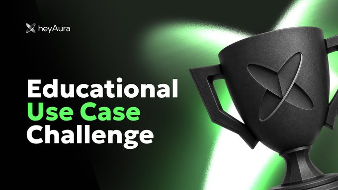 The image showcases a promotional graphic for the heyAura "Educational Use Case Challenge," featuring a sleek black trophy adorned with the heyAura logo set against a vibrant green background. It celebrates the winners tagged in the post, commemorating their achievement in the challenge.