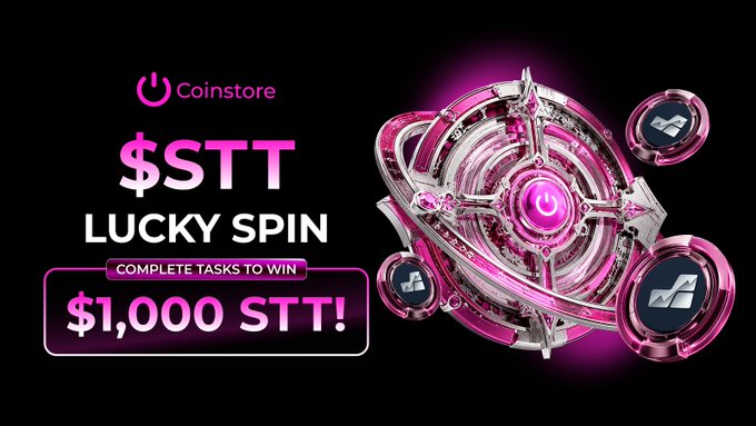 A promotional graphic for 'Coinstore' announcing a '$STT LUCKY SPIN' event with a prize of '$1,000 STT!' next to a 3D pink cosmic-themed wheel.