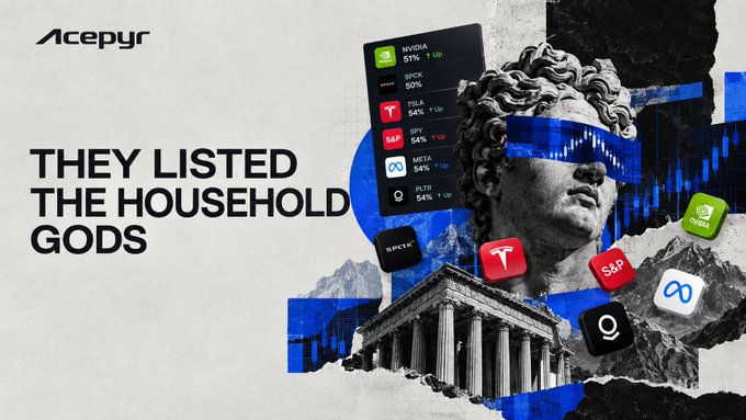 A graphic titled "THEY LISTED THE HOUSEHOLD GODS" featuring a classical statue head with blue financial chart elements and stock ticker cards for companies including NVDA, TSLA, SPY, META, and PLTR.