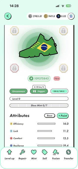 The image shows a phone screen displaying a map of Brazil with its flag, along with icons representing different attributes such as "attributes", "level", "energy", "conversation", "transaction", "fusion", and "stepn". The post in question is about the Brazilian team's performance on a game called "Around the World". It seems that the user has made a comment or left feedback regarding the team's performance.
