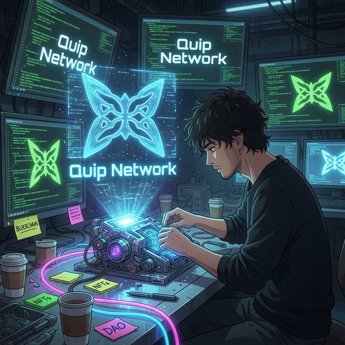 An anime-style illustration of a young man working on a glowing holographic device labeled 'Quip Network' at a desk covered in code monitors, with sticky notes reading 'NFTs', 'DAO', and 'BLOCKCHAIN'.