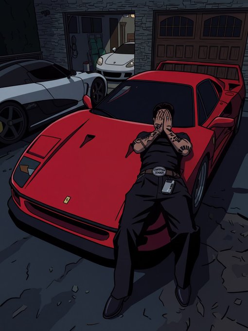 An illustrated scene shows a person in dark clothing leaning against the hood of a red sports car, covering their face with their hands, with a gray car and garage in the background.