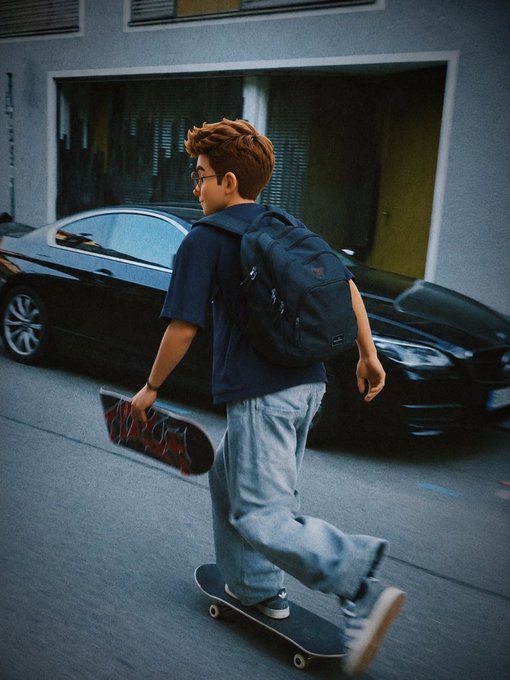 A stylized photo of a young man with a backpack carrying a skateboard while skateboarding down a street past a parked black car.