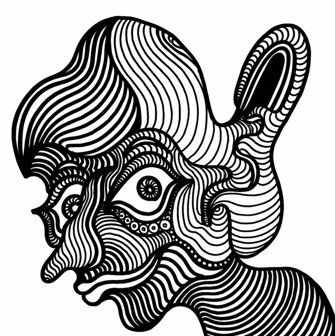 A high-contrast, black and white optical illusion illustration that simultaneously depicts a woman's face in profile and an elephant-like figure, constructed entirely of undulating lines.