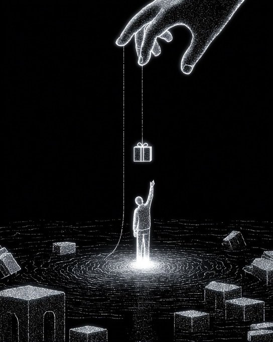 A glowing hand dangles a gift box above a small figure reaching upward in a vast dark expanse, while the figure stands on a luminous platform surrounded by cube-like structures. The image visually echoes the post's message—depicting perseverance and conviction in the face of an uncertain market, where the reward (the gift) hangs just within reach for those who keep showing up.