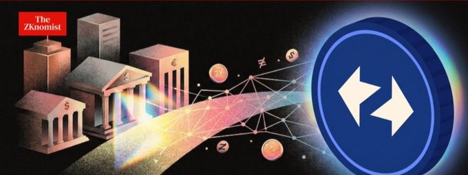 The image features an illustration of a cityscape with buildings, including a bank building, surrounded by various objects such as coins and other symbols related to finance or technology. The background of the image is black, which contrasts with the colorful elements within the scene. The text "ZKsync" appears in the image, suggesting that it might be an advertisement for ZKsync, possibly promoting a new messaging standard or financial innovation.