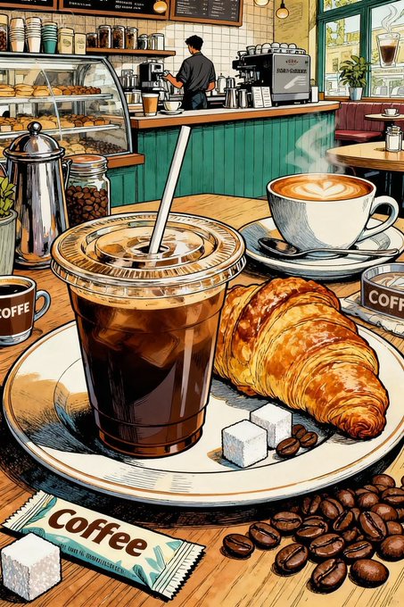 Stylized illustrated coffee shop scene featuring an iced coffee in a cup, a cappuccino with latte art, a croissant, sugar cubes, and coffee beans on a wooden table, with 'Coffee' labels visible.