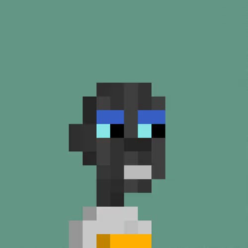 Pixel art portrait of a dark-skinned figure with blue eyes against a solid green background, with gray and orange blocks visible at the lower edge.