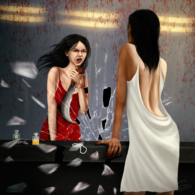 A digital illustration of a woman in a red dress angrily biting an apple in a cracked mirror while another woman in a white dress with her back turned looks on, with scattered mirror shards and perfume bottles on the table.