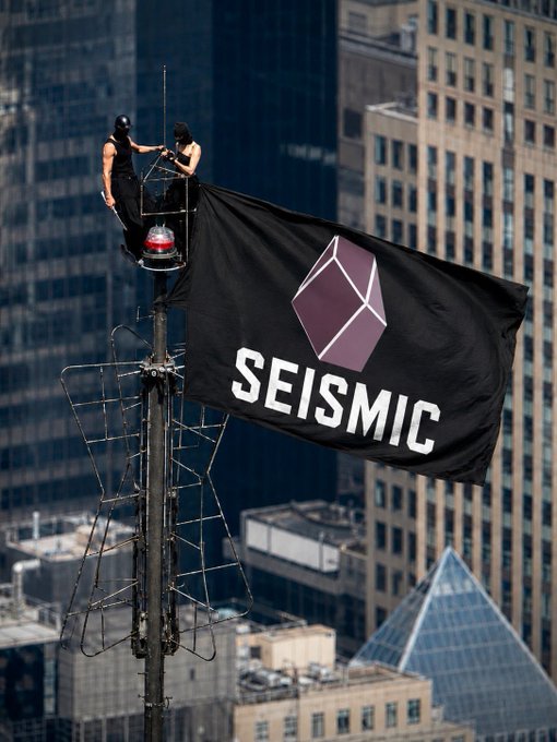 Two people standing on a tall structure with antennas overlooking a city skyline, unfurling a large black flag with a purple geometric logo and the word "SEISMIC".