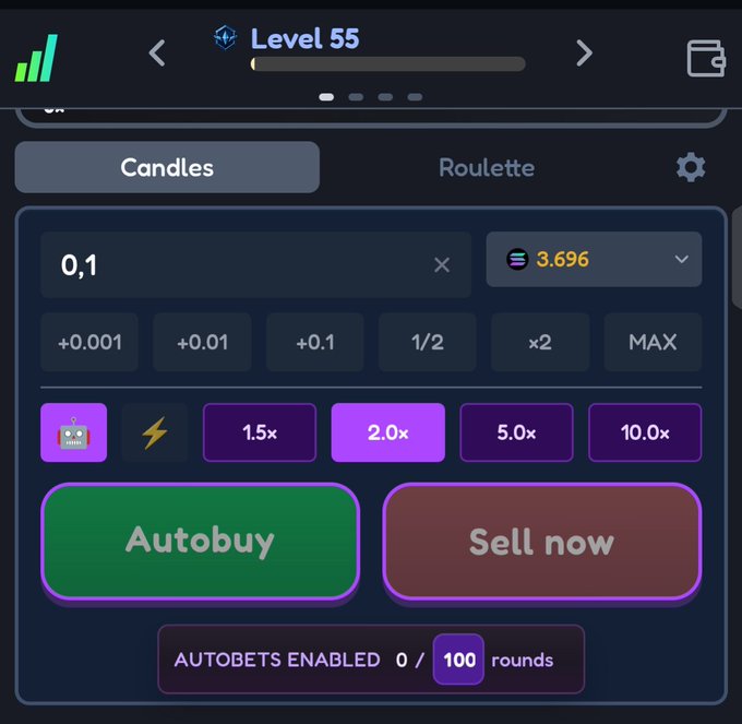 A screenshot of a mobile game or app betting interface shows an 'Autobuy' button, a 'Sell now' button, and the player's 'Level 55' status.