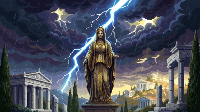 A pixel art illustration of a golden robed female statue with arms outstretched, standing before ancient Greek temples under a stormy sky with dramatic lightning strikes.