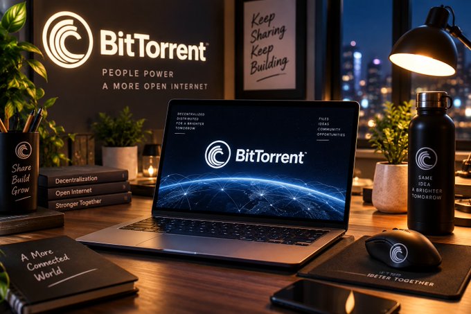 A BitTorrent branded workspace featuring a laptop displaying the BitTorrent logo on a blue network background, accompanied by mugs, notebooks with slogans like 'Keep Sharing Keep Building' and 'Decentralization Open Internet', and a city skyline visible through a window at night.