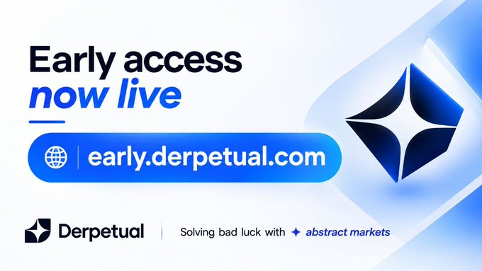 A promotional graphic announcing "Early access now live" for Derpetual, featuring the URL early.derpetual.com and the tagline "Solving bad luck with ✦ abstract markets," alongside Derpetual's blue diamond logo. The image visually reinforces the post's announcement of early access to Derpetual's decentralized trading protocol for Abstract Futures derivatives.