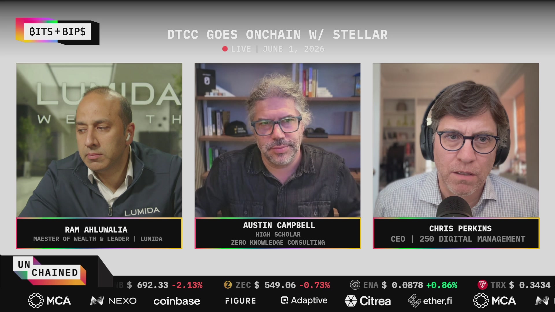The image shows three men sitting behind microphones, with a computer screen displaying their names and the title of the post "Bitcoin goes up in perpetuity" written below them. The text suggests that there might be an ongoing discussion or debate about Bitcoin's future value, possibly related to its adoption as a currency or investment opportunity.