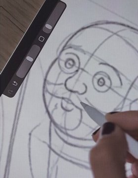 An artist uses a stylus to sketch a cartoon character's face on a digital tablet, with visible "5" and "0" markings on the device's side, illustrating the "Sketch" stage before reaching the polished "Final" artwork shown in the post.