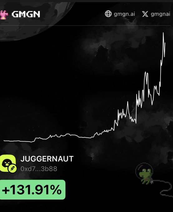 The image shows a GMGN chart displaying the token "JUGGERNAUT" (0xd7...3b88) with a dramatic price spike showing +131.91% gains, trending upward sharply against a dark, cosmic-themed background. This visually supports the post's claim about the "Robinhood chain" buzz and the poster's early success with the JUGGERNAUT token, though the steep upward chart suggests momentum that may have already peaked.