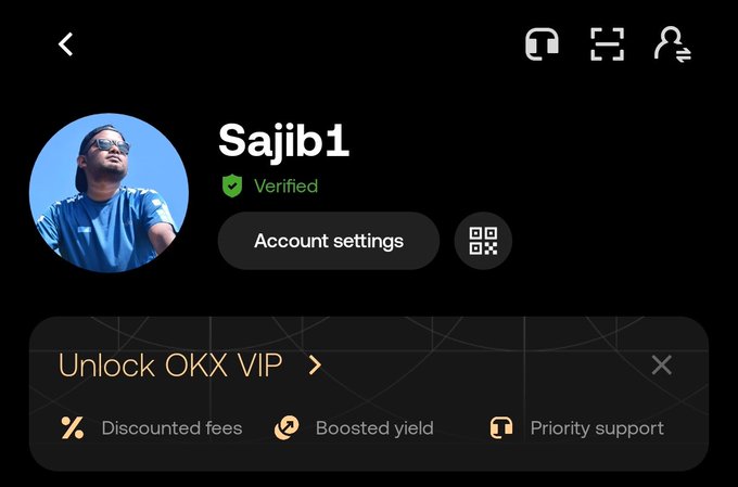 A screenshot of a dark-themed user profile on the OKX app, showing the username "Sajib1" with a green verified checkmark and an "Account settings" button, plus a banner for "Unlock OKX VIP".