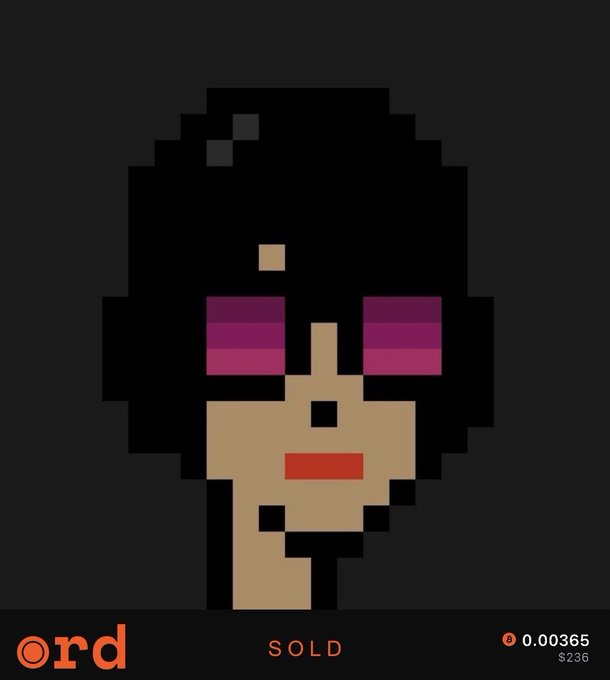 A pixel art NFT portrait of a character with purple eyes and black hair on a dark background, marked as 'SOLD' for 0.00365 ETH ($236) on the 'ord' platform.