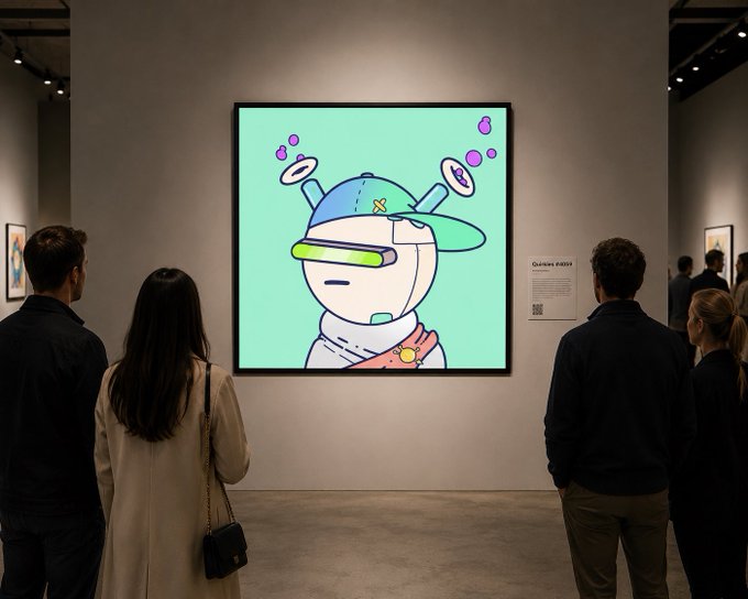 Several people stand in a brightly lit art gallery admiring a large framed digital artwork featuring a stylized cartoon character wearing a blue cap and futuristic visor.