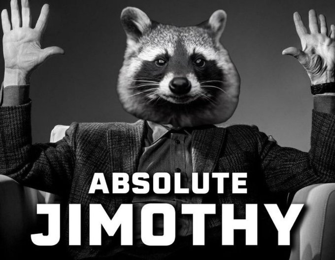 A black-and-white image shows a person in a tweed suit with both hands raised in a surrender or triumph pose, but their head has been replaced with a raccoon's face. Bold white text below reads "ABSOLUTE JIMOTHY."

The image humorously aligns with the post's defiant tone about $Jimothy—portraying the token's resilience as unflappable, with the raccoon (a famously scrappy survivor) embodying the coin's comeback narrative despite repeated liquidity pulls and FUD campaigns.