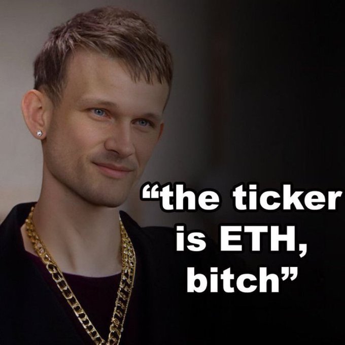 A meme image featuring a man with short blond hair wearing a black shirt and multiple gold chains, with overlaid text reading 'the ticker is ETH, bitch'.